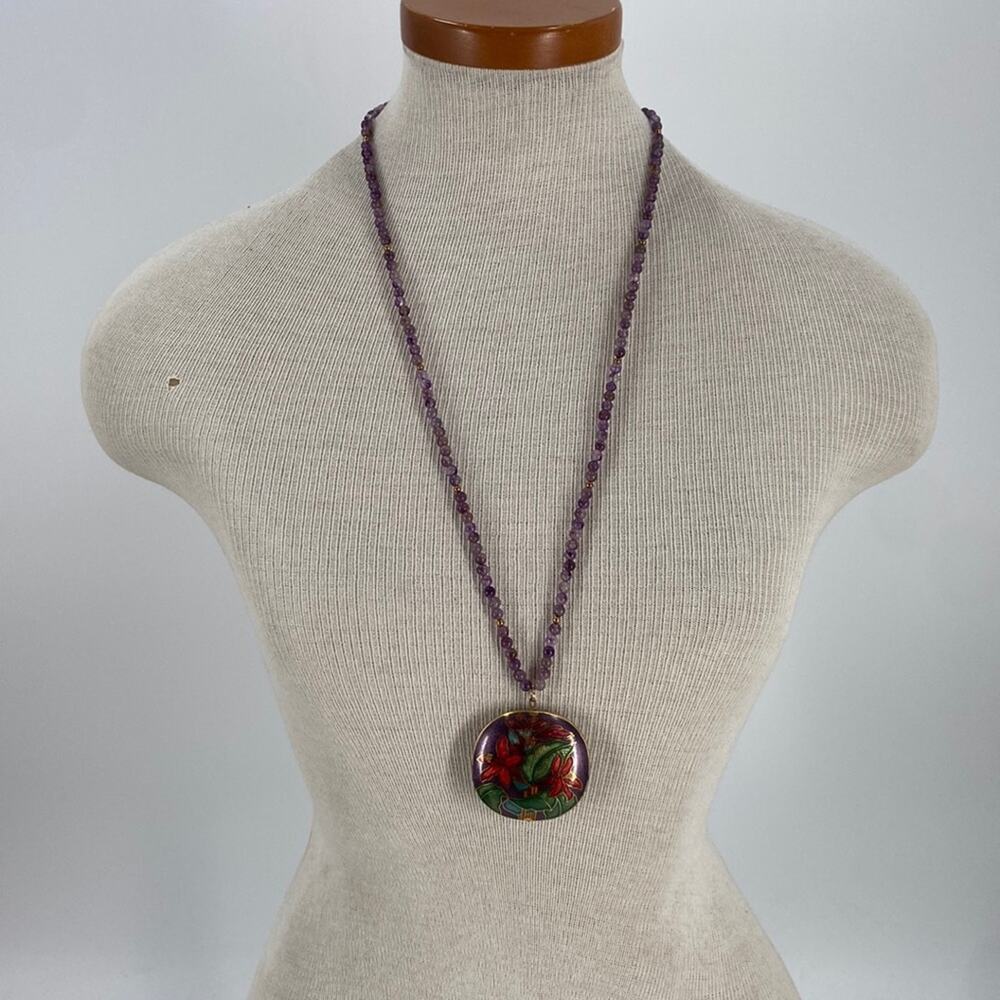 Vintage Double sided Cloisonne Amethyst stone beaded necklace